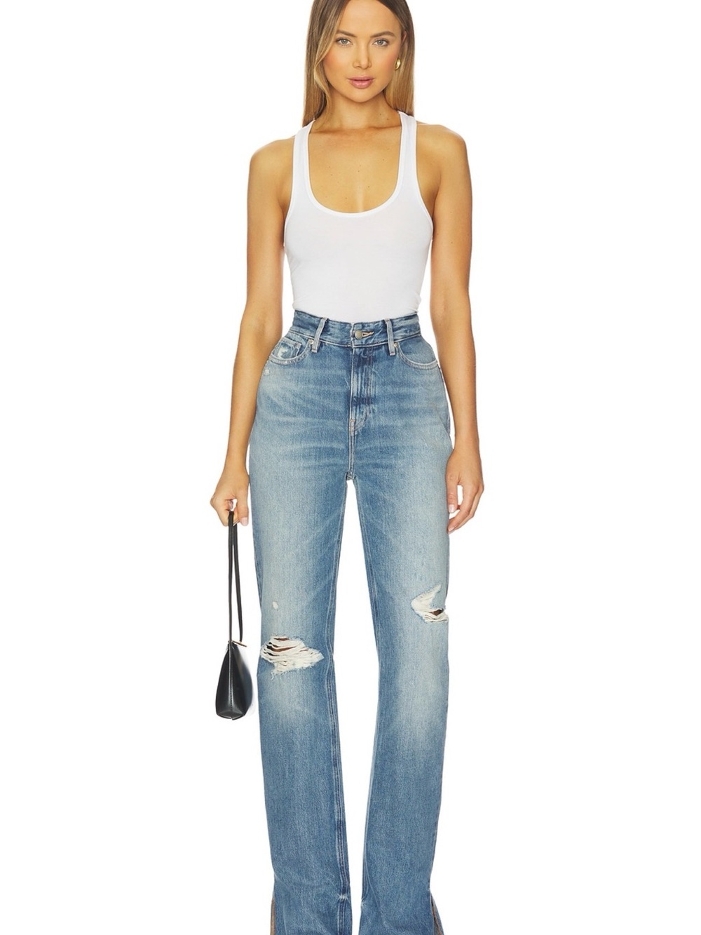 Good American Light Blue High-Rise Distressed Straight Jeans